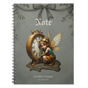 Caderno Espiral Fada Steampunk com Asas de Ouro e Relógio Antiquad