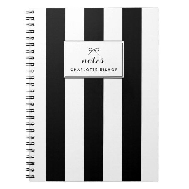 Caderno Espiral Faixas Verticais Chic Pretas e Brancas Personaliza (Frente)