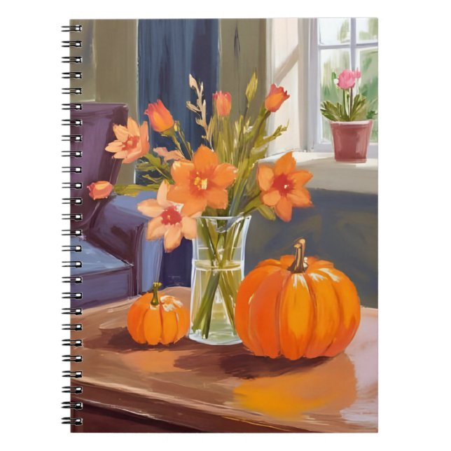 Caderno Espiral Fall Pumpkin Bouquet | Orange Flowers Autumn (Frente)