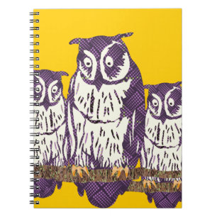 Caderno Espiral Família de Corujas Geométricas Estilizadas Roxas