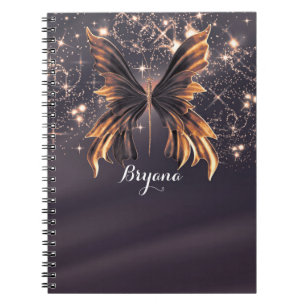 Caderno Espiral Fantasia Borboleta Brilho Dourado