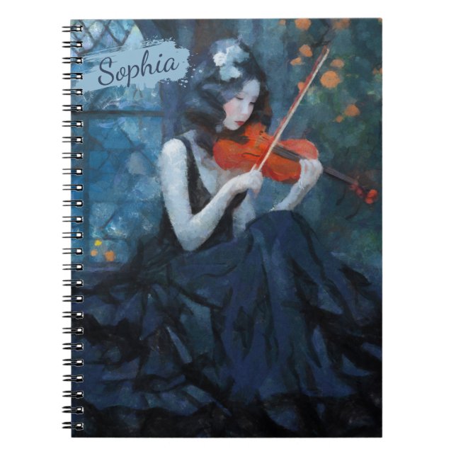 Caderno Espiral Fantasia Gótica Violinista Escuro no Jardim da Lua (Frente)