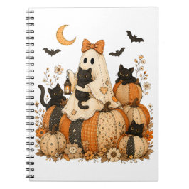 Caderno Espiral Fantasma Assustador de Halloween com Gatos Pretos