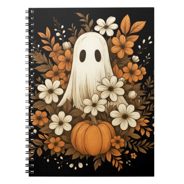 Caderno Espiral Fantasma Bonito Com Pumpkin E Flores De Queda - Ha (Frente)