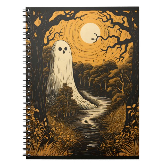 Caderno Espiral Fantasma De Halloween Na Floresta, Espírito Branco (Frente)