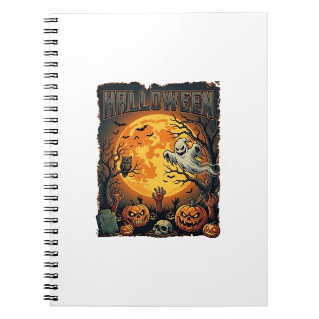 Caderno Espiral Fantasma do Halloween Lua Cheia Lanternas de Jack  (Frente)
