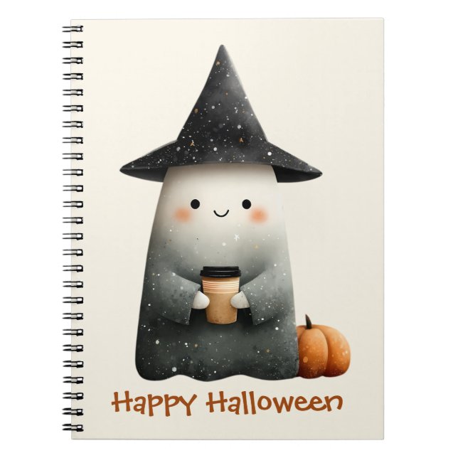 Caderno Espiral Fantasma Fofo com Café no Halloween (Frente)