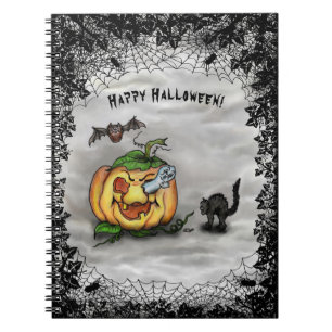 Caderno Espiral Fantasma, Gato, Bat e Pumpkin, Feliz Halloween!