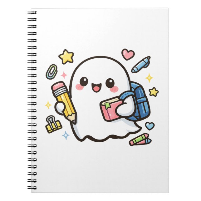 Caderno Espiral Fantasma Kawaii Cute Escolar com Mochila (Frente)