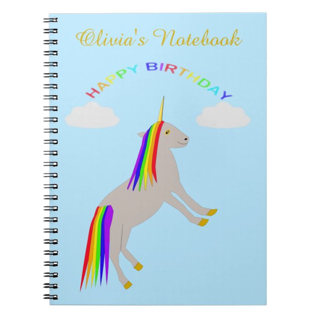 Caderno Espiral Fantasy Birthday Unicorn Rainbow and Clouds Custom (Frente)