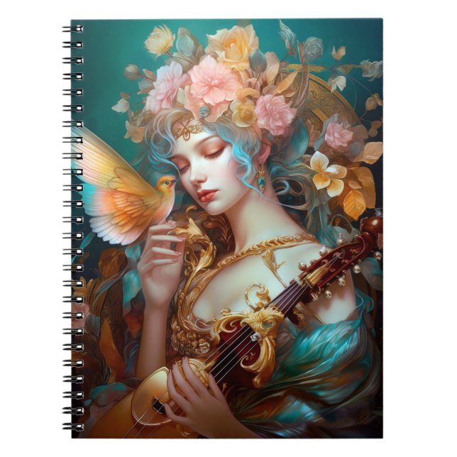 Caderno Espiral Fantasy Lady With Lute & Butterfly Bird (Frente)