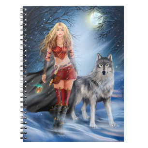 Caderno Espiral Fantasy Winter Woman Warrior Princess e wolf