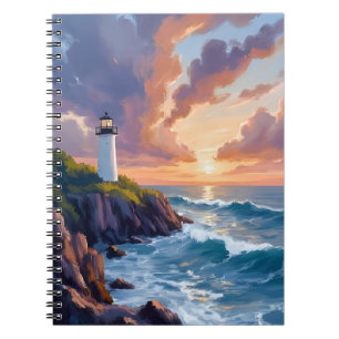Caderno Espiral Faro Costeiro do Pôr do Sol Pintura do Oceano da