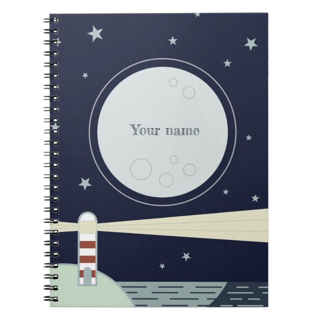 Caderno Espiral Farol minimalista com lua e estrelas (Frente)