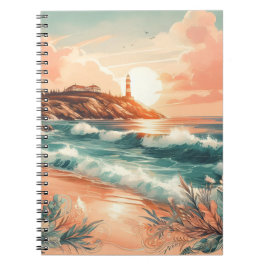 Caderno Espiral Farol Sunset Ocean Beach Boho Floral