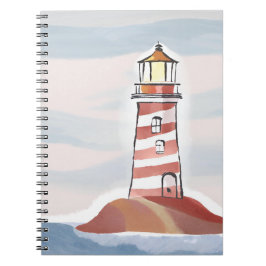 Caderno Espiral Farol Vermelho e Branco | Aquarela do Oceano Praia