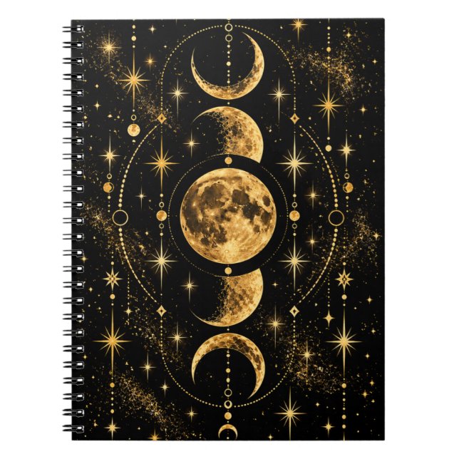 Caderno Espiral Fases da Lua Celestial Dourado (Frente)