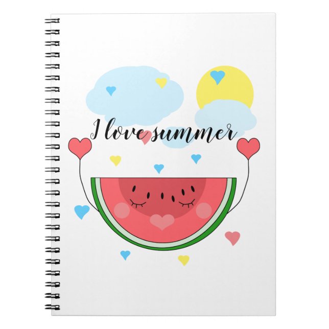 Caderno Espiral Fatia de melancia, texto, "Eu amo o verão", (Frente)