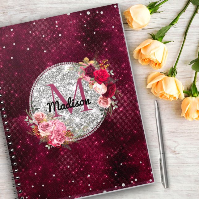Caderno Espiral Faux Chic Silver Glitter Burgundy Monograma floral (Criador carregado)