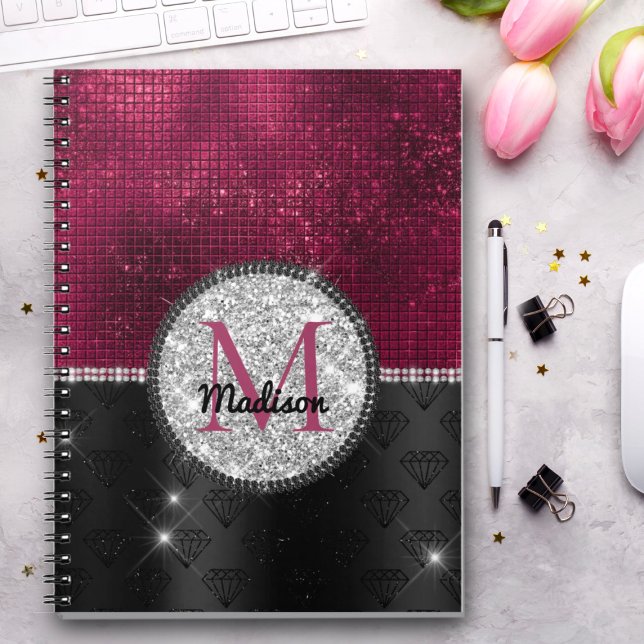 Caderno Espiral Faux Chic Silver Glitter Burgundy Monograma preto (Criador carregado)
