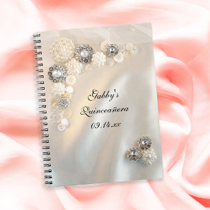Caderno Espiral Faux White Pearl Diamond Buttons Quinceañera