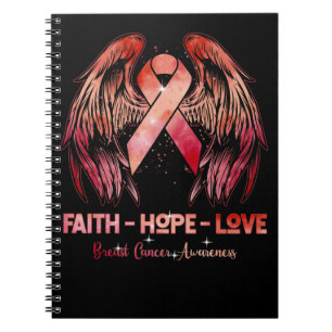 Caderno Espiral Fé esperança ama cancer mama asas cor-de-rosa