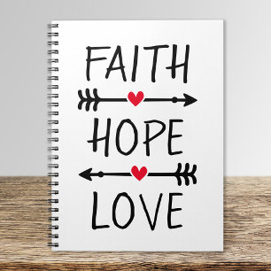 Caderno Espiral Fé Esperança Amor Boho Cristão Flecha Coração Verm