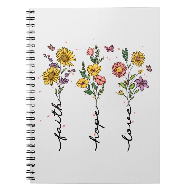 Caderno Espiral Fé, Esperança, amor - Inspiração Floral Vibrante (Frente)