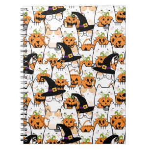 Caderno Espiral Feiticeira de gato bonitinho segurando abóbora