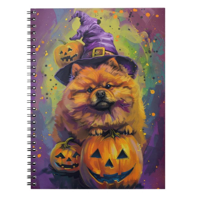 Caderno Espiral Feiticeira de Halloween e Abóbora de Chow Spooky (Frente)