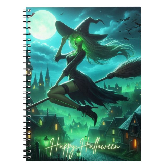 Caderno Espiral Feiticeira de Halloween verde-Spooky (Frente)