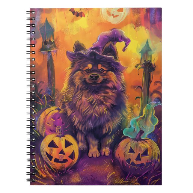 Caderno Espiral Feiticeira do Dia das Bruxas e Abóbora de Keeshond (Frente)