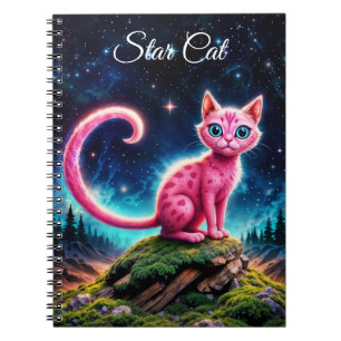 Caderno Espiral Felino de olhos azuis mágicos sob estrelas brilhan