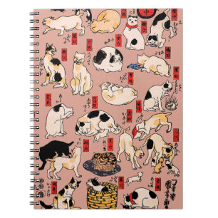 Caderno Espiral felinos japoneses gatinho Ukiyo-e engraçado