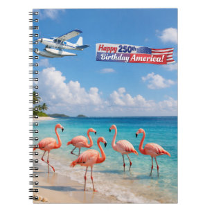 Caderno Espiral Feliz 250º Aniversário América Flamingos na Praia