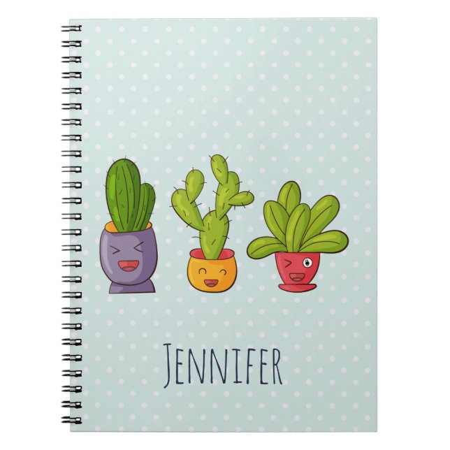 Caderno Espiral Feliz Cactus Cute em Potes Flores, ilustração dive (Frente)