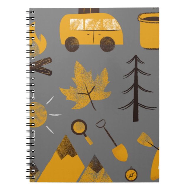 Caderno Espiral Feliz Cinza de Camper e notebook amarelo (Frente)