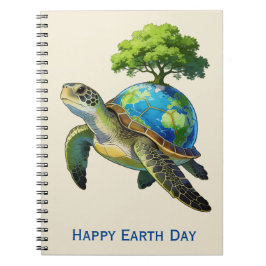 Caderno Espiral Feliz Dia da Terra Planeta Tartaruga e Árvore