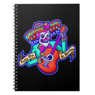 Caderno Espiral Feliz Dia De Muertos com o Skeleton tocando violão