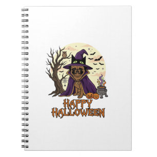 Caderno Espiral Feliz Halloween Pug Chapéu de Bruxa Caldeirão Abób