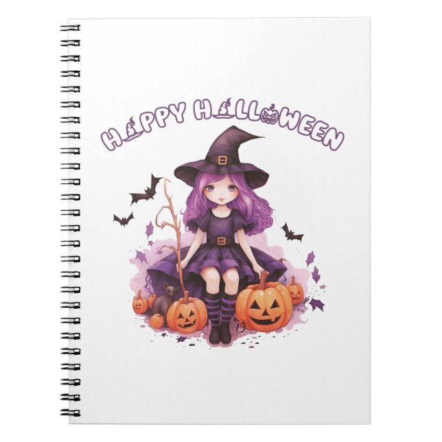 Caderno Espiral Feliz Halloween Roxo Bruxas Pumpkins & Bats (Frente)