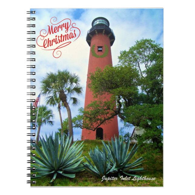 Caderno Espiral Feliz Jupiter Inlet Lighthouse Flórida de Natal (Frente)