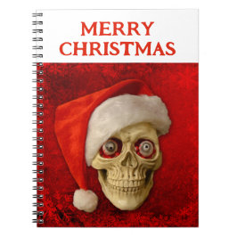 Caderno Espiral Feliz Natal. Caveira usando chapéu de Papai Noel