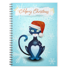 Caderno Espiral Feliz Natal com Gato Negro com Papai noel Hat