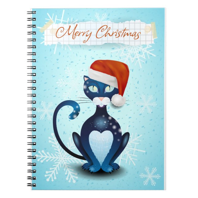 Caderno Espiral Feliz Natal com Gato Negro com Papai noel Hat (Frente)