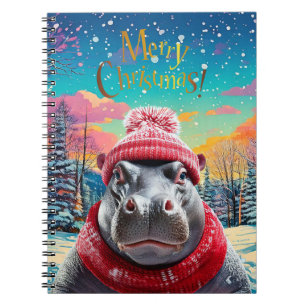 Caderno Espiral Feliz Natal Hippo Santa Chapéu e cachecol