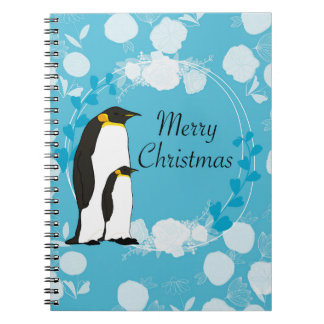 Caderno Espiral feliz natal, natal, pinguim, flores, azul,