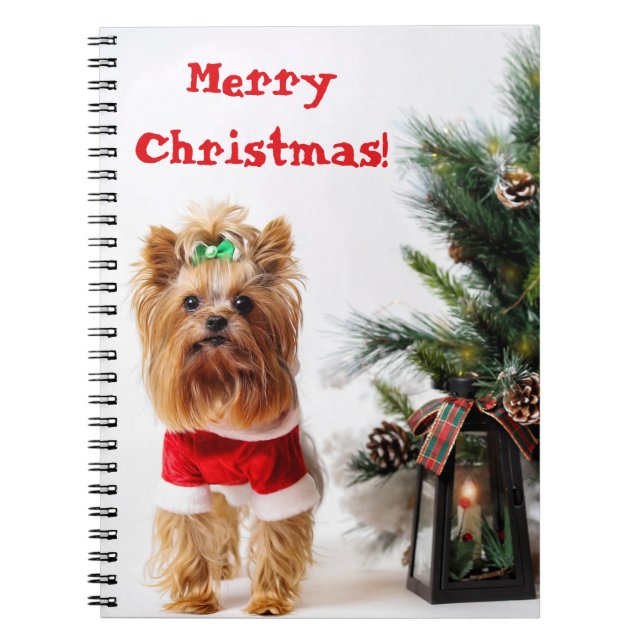 Caderno Espiral Feliz Papais noeis de Natal Yorkie com a Árvore de (Frente)