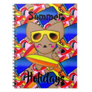 Caderno Espiral Feliz Raposa Gato Surf Justa Praia Oceano Sol