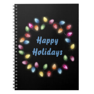Caderno Espiral Felizes Feriados, Luzes de Natal Coloridas e Festi